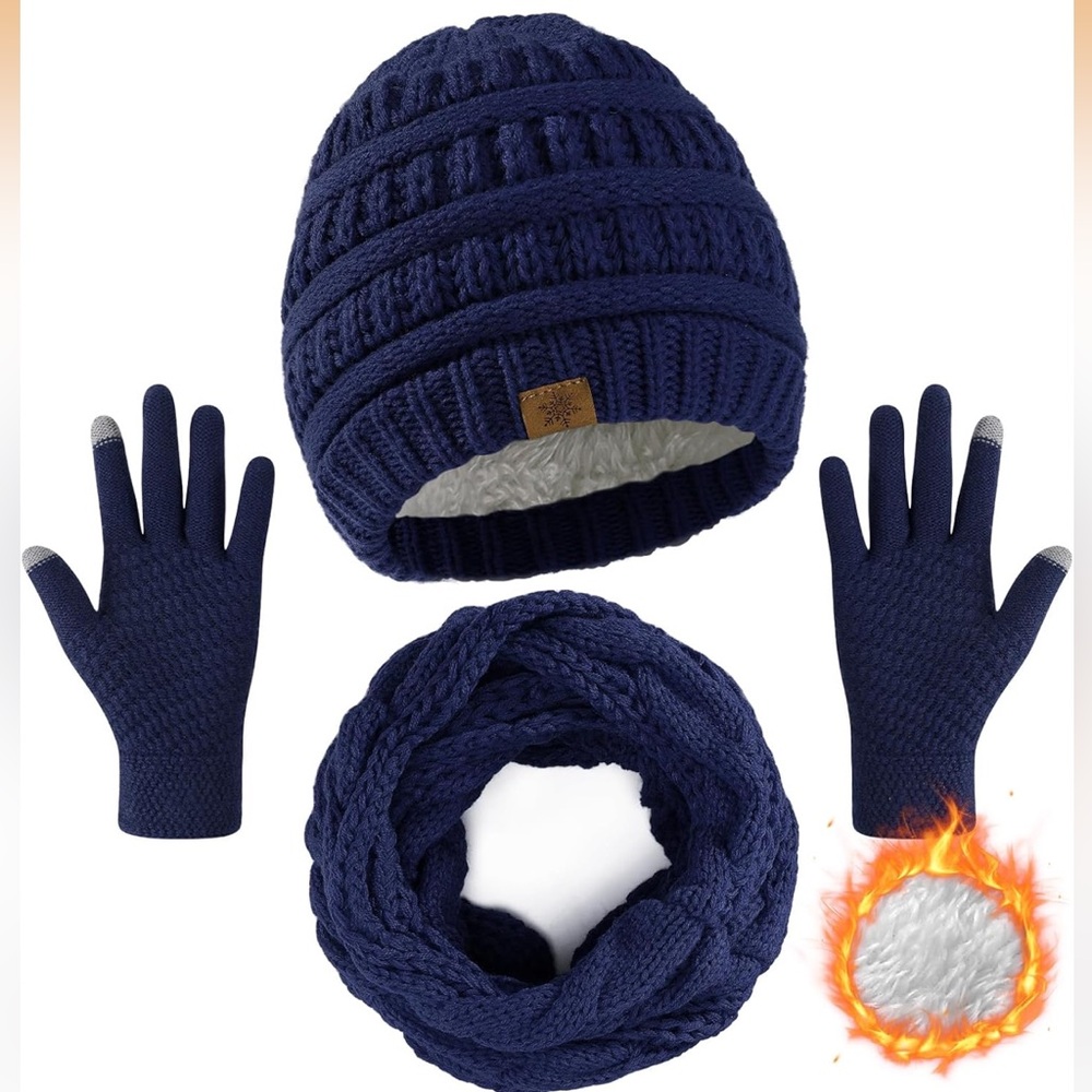 Cozy Navy Blue scarf, gloves, hat set